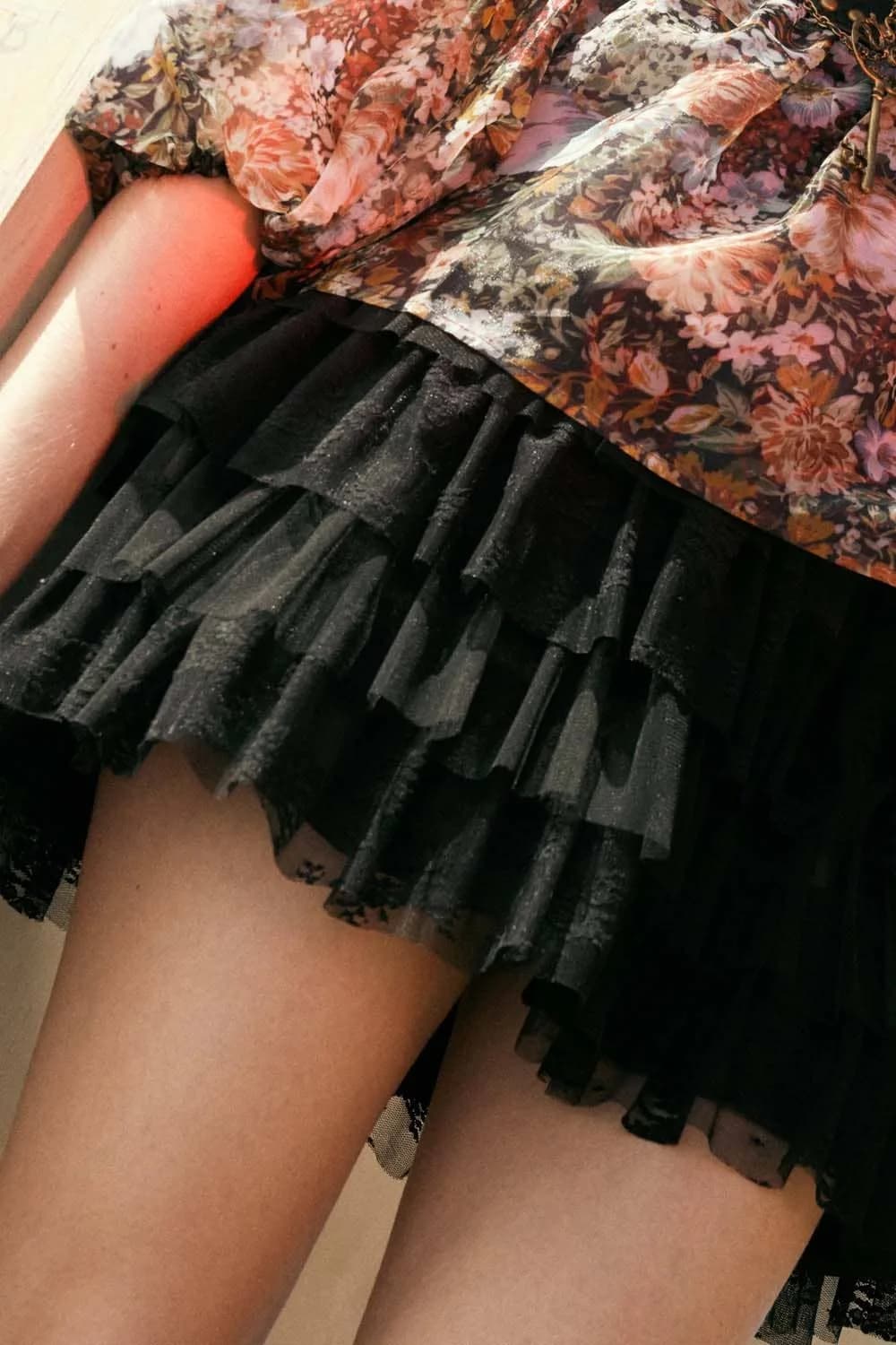 Brown Lace and Tulle Tiered Ruffle Mini Skirt by Promesa