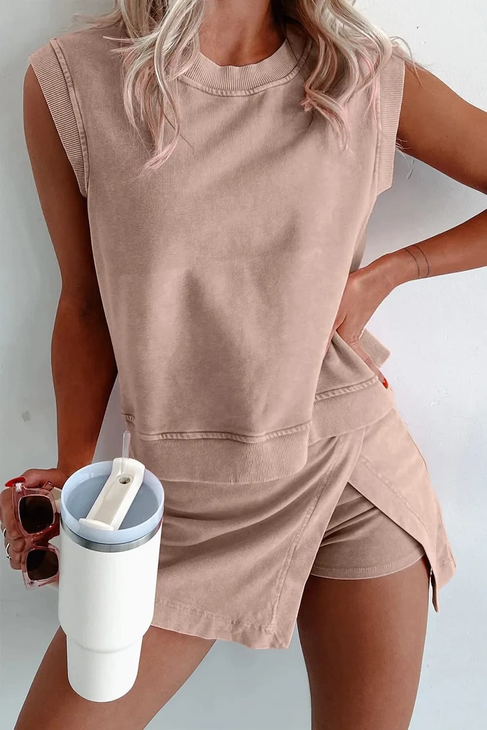 2 Pieces Cotton Tank Top Lined Split Skirt Set