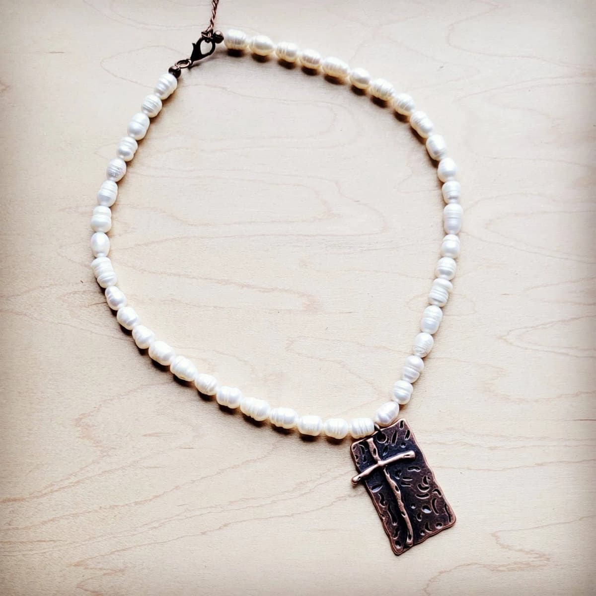 Freshwater Pearl Collar Necklace Copper Cross Pendant