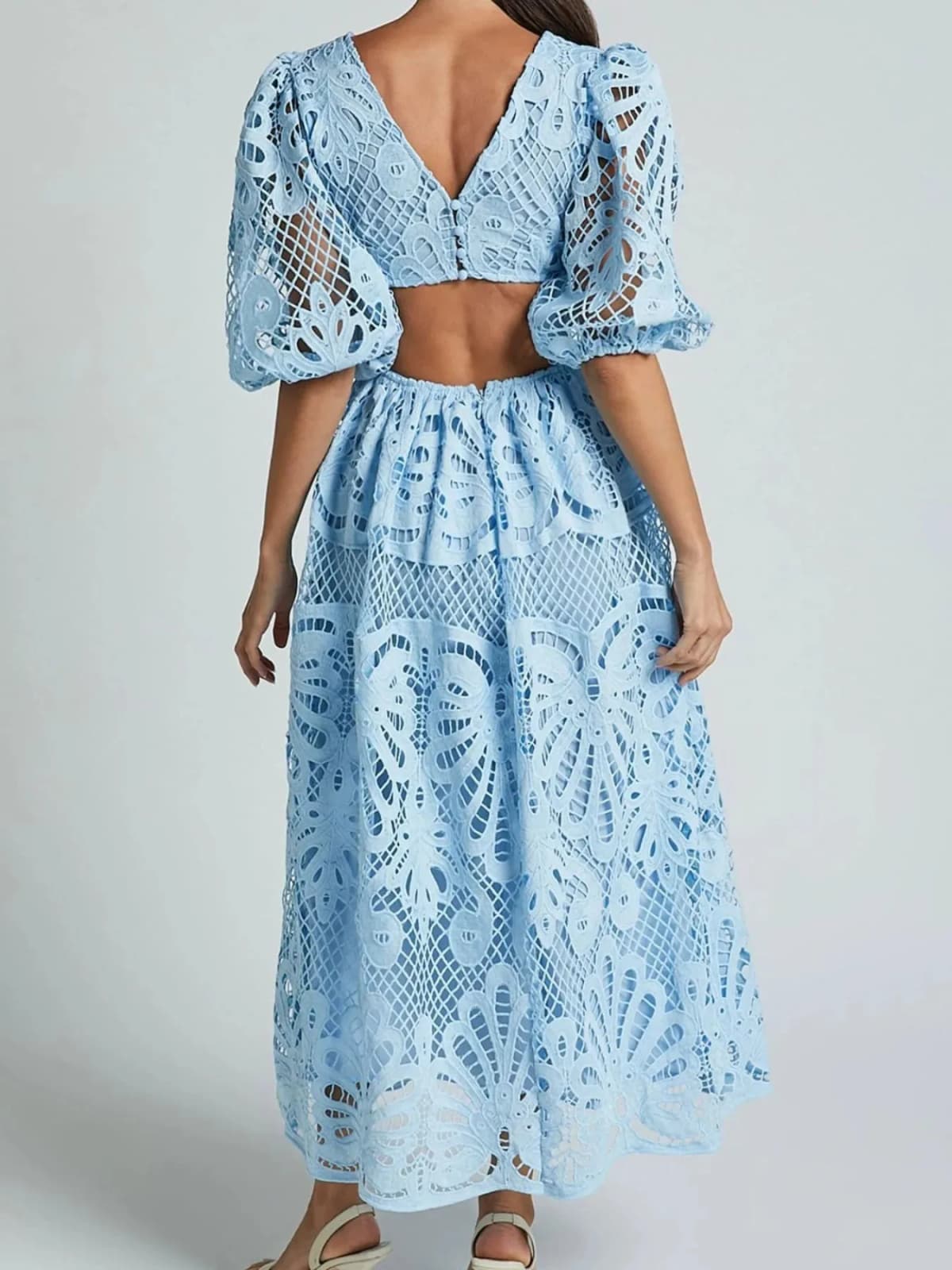 Cutout Back Lace Crochet V-Neck Dress Multiple Colors