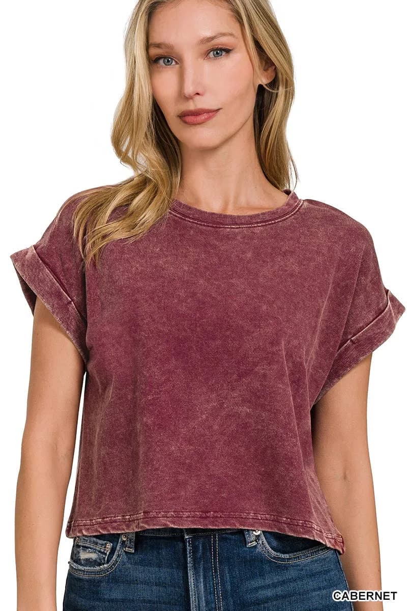 Acid Wash Cotton Folded Sleeve Top Zenana