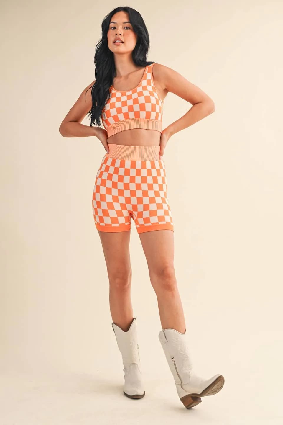 Orange Checkmate Checkered Crop Two Piece Set by Kimberly C