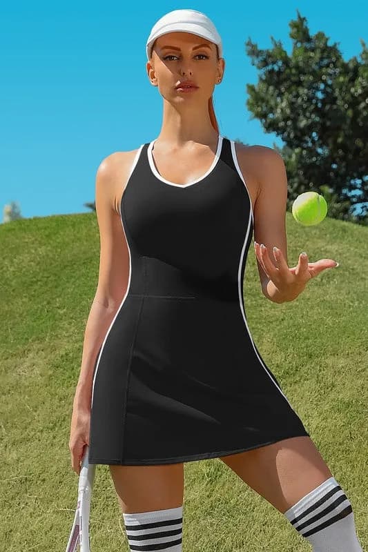 Bra V Neck Racerback Tennis Dresses with Shorts in Multiple Colors