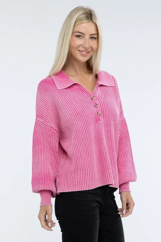 Washed Collared Henley Sweater Multiple Colors