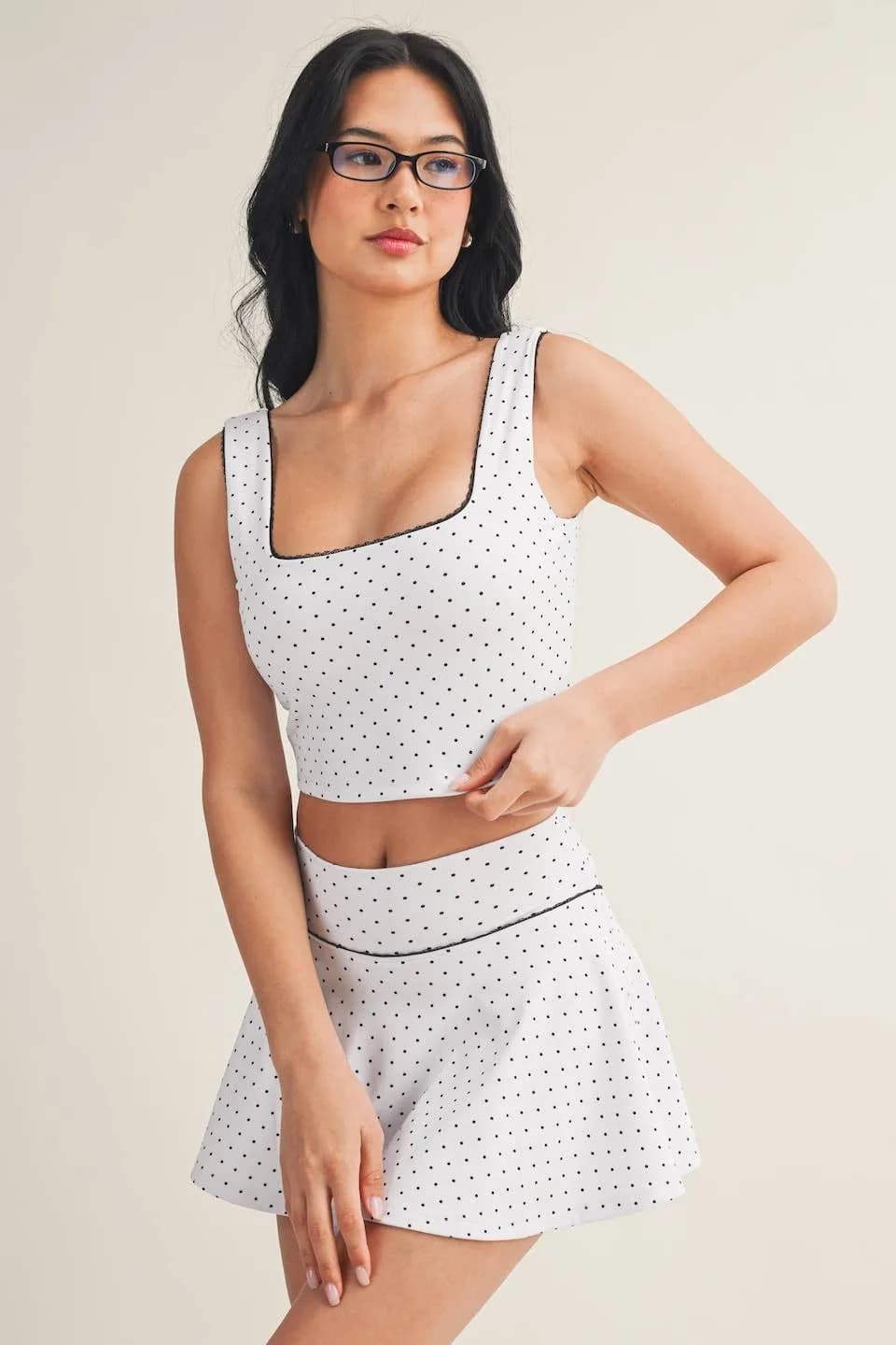 Polka Dot Print Crop Tank with Lace Trim by Kimberly C