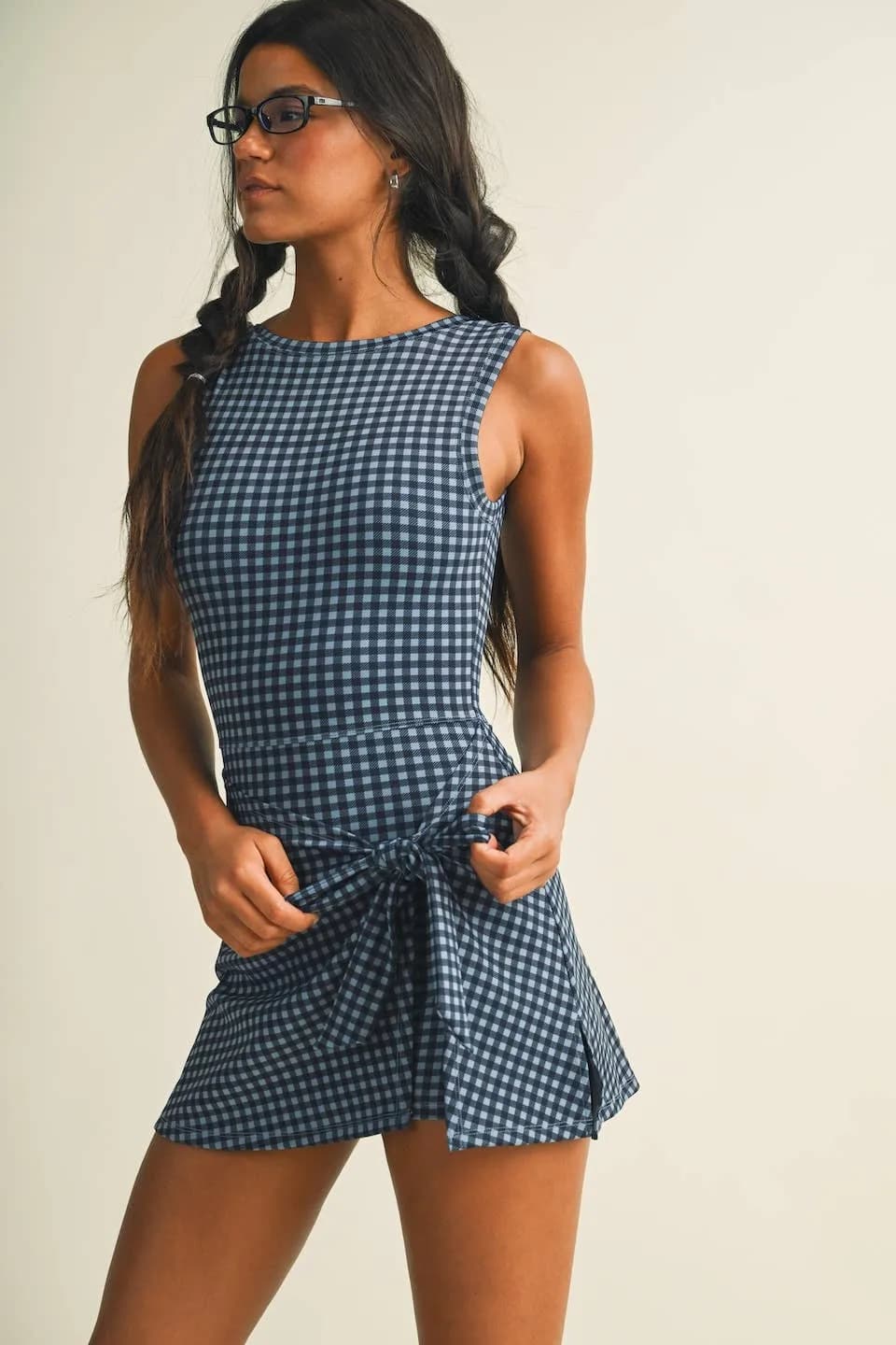 Gingham Print Sleeveless Wrap Tie Front Dress