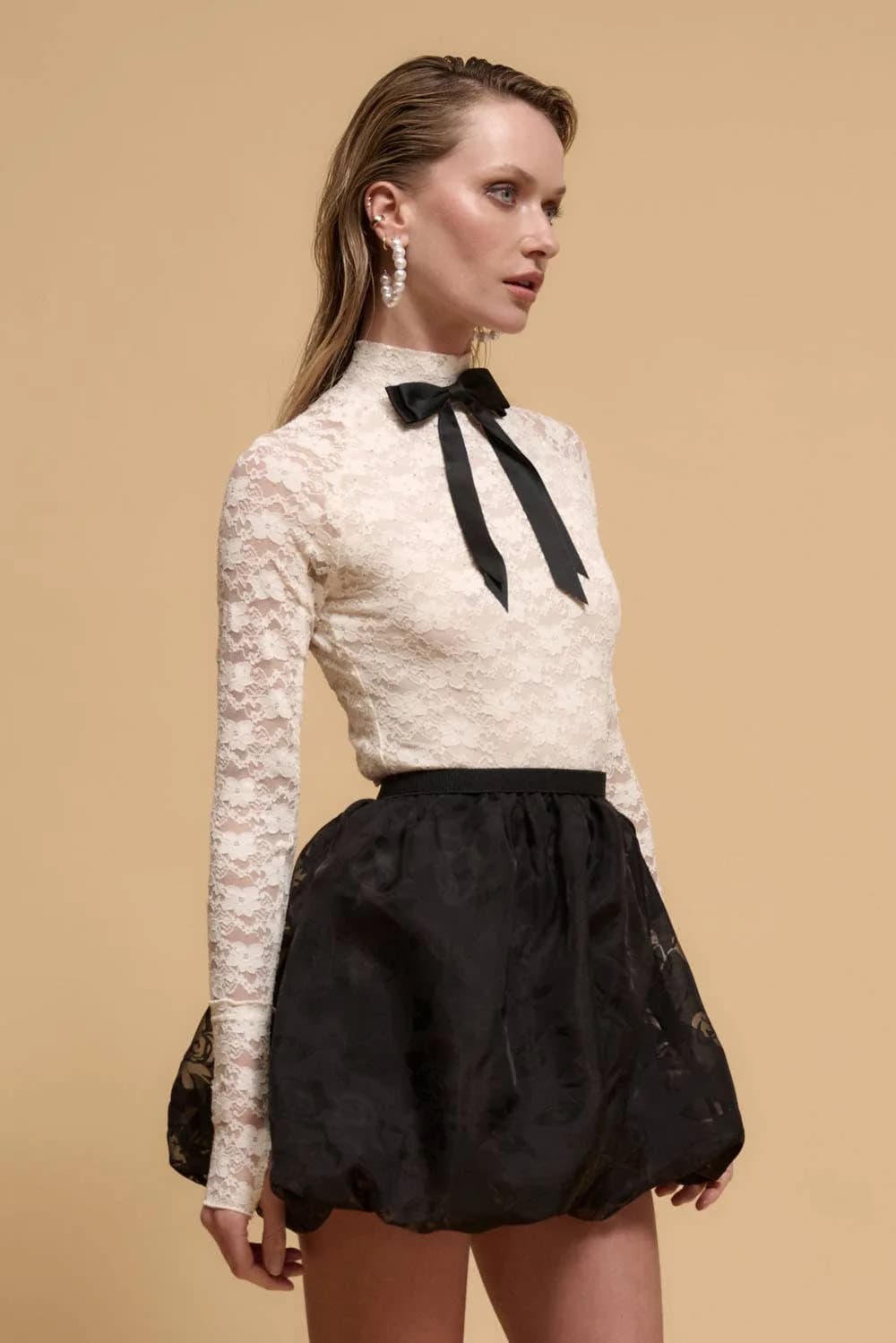 Studded Floral Lace High-Mock Neck Knit Top Cream