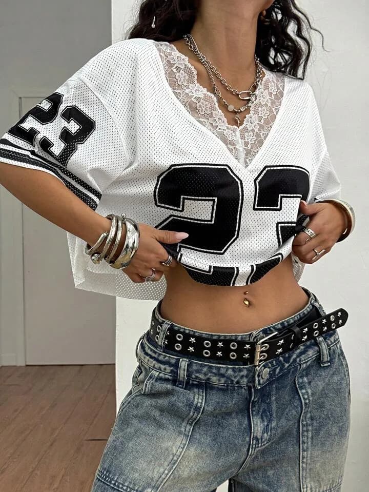 White and Black Lace Mesh Trim Crop Top Jersey