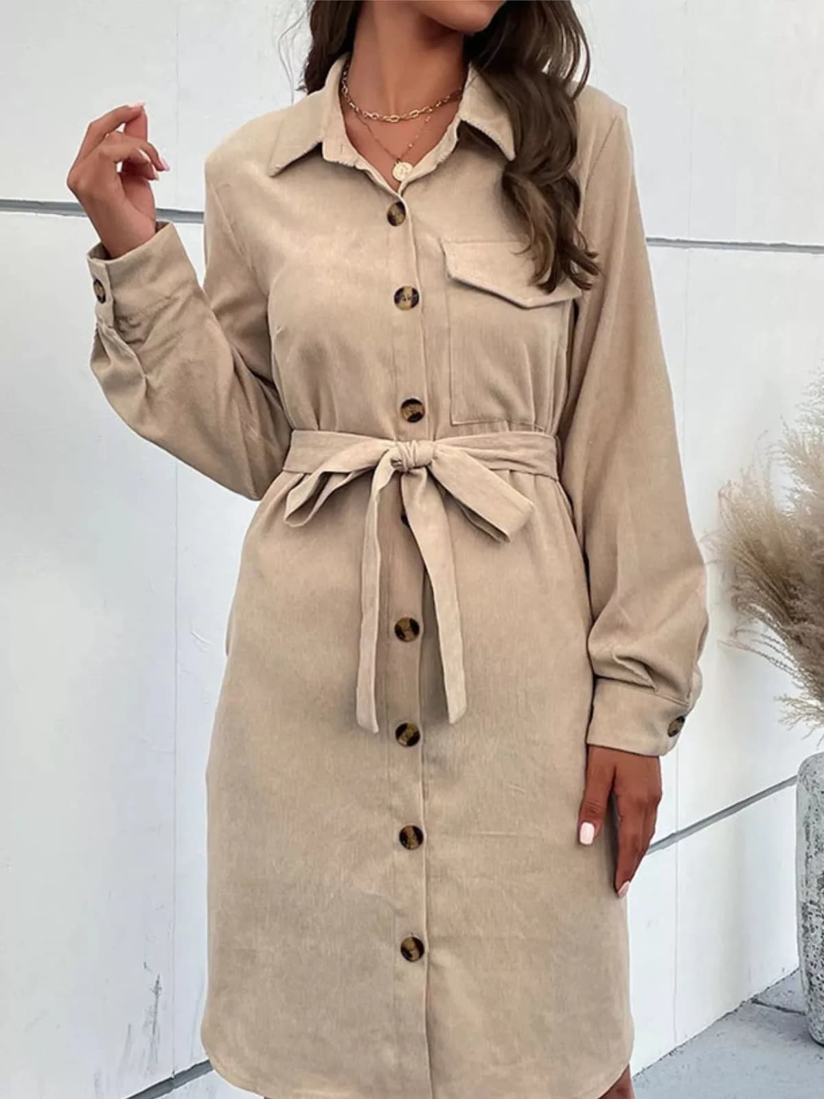 Button-Front Tie Waist Shirt Dress