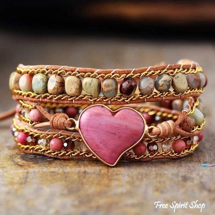 Rhodonite Jasper Heart Wrap Bracelet, Boho Beaded Strap