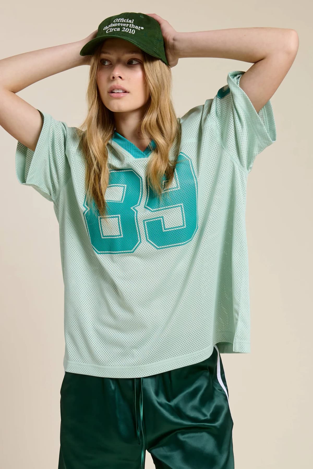 Mint V Neck Sporty Jersey Shirt Top With Printed 89