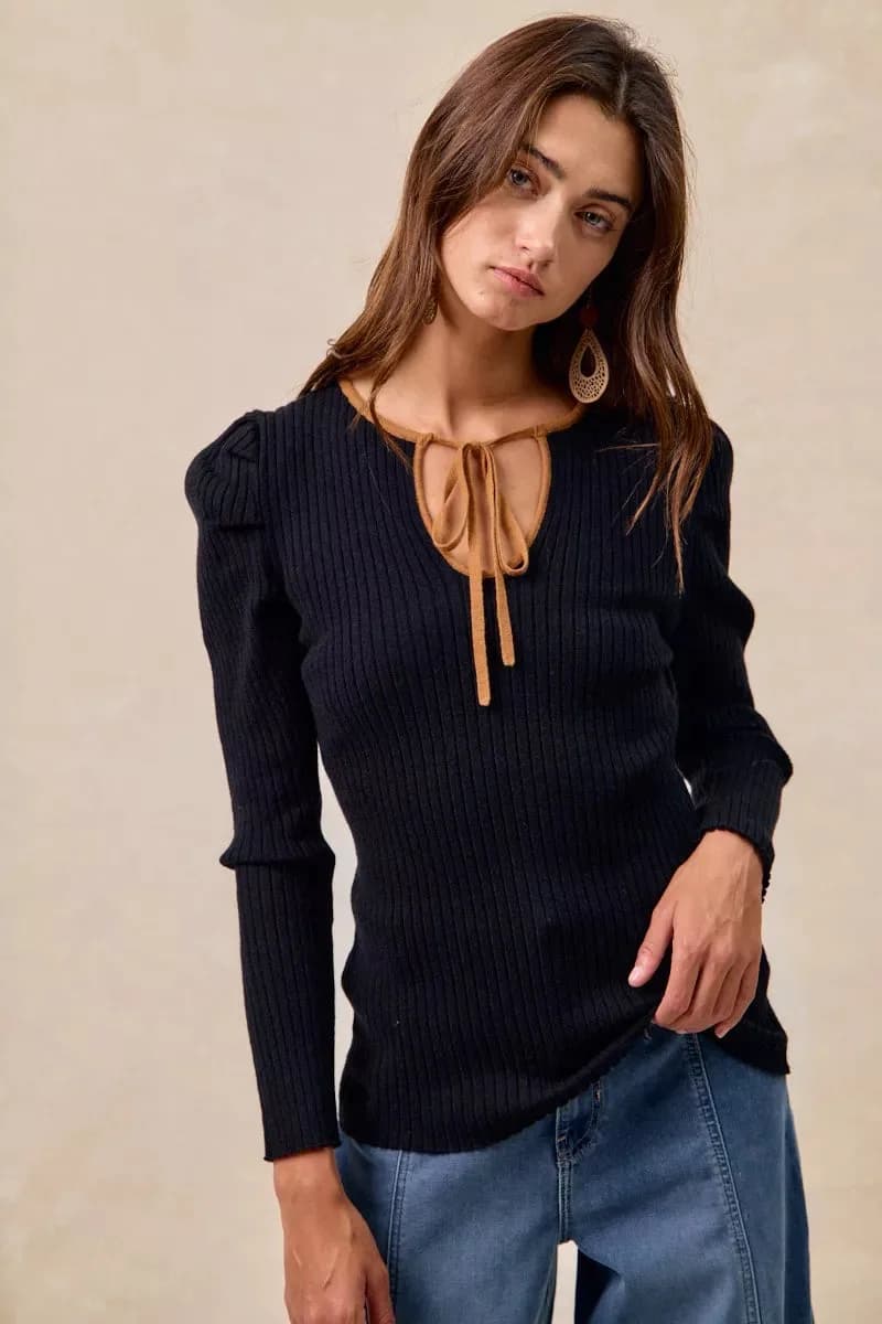 BiBi Ribbed Contrast Front Tied Top with Shried
