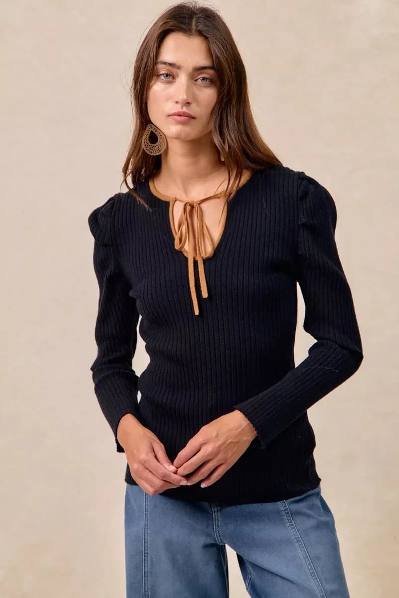 BiBi Ribbed Contrast Front Tied Top with Shried