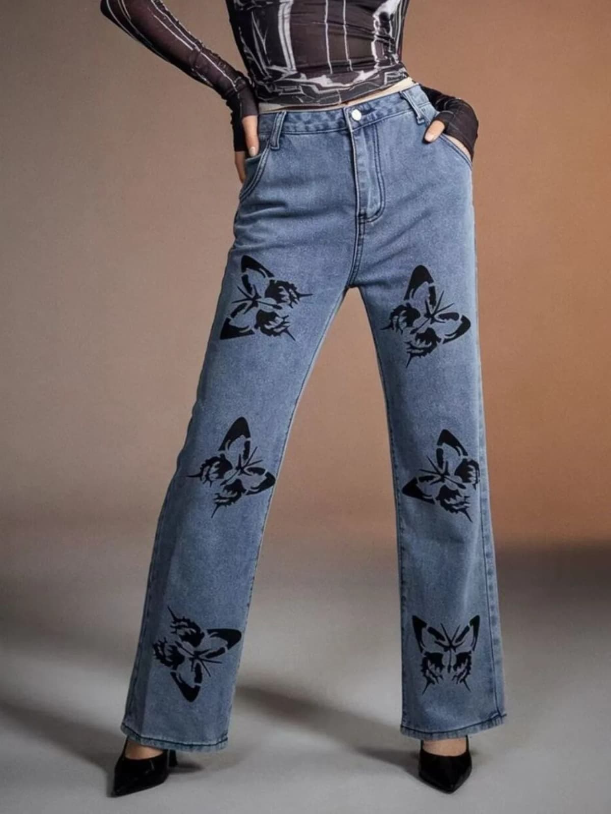 Butterfly Print High-Waisted Wide Leg Jeans