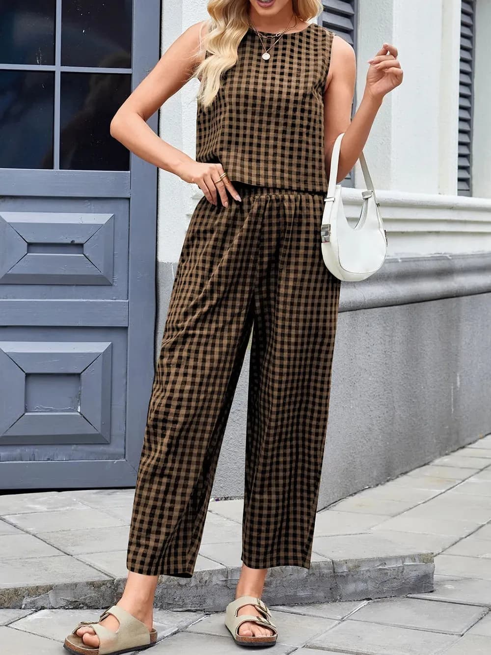 Lovelet Plaid Round Neck Sleeveless Top and Pants Set in Multiple Colors