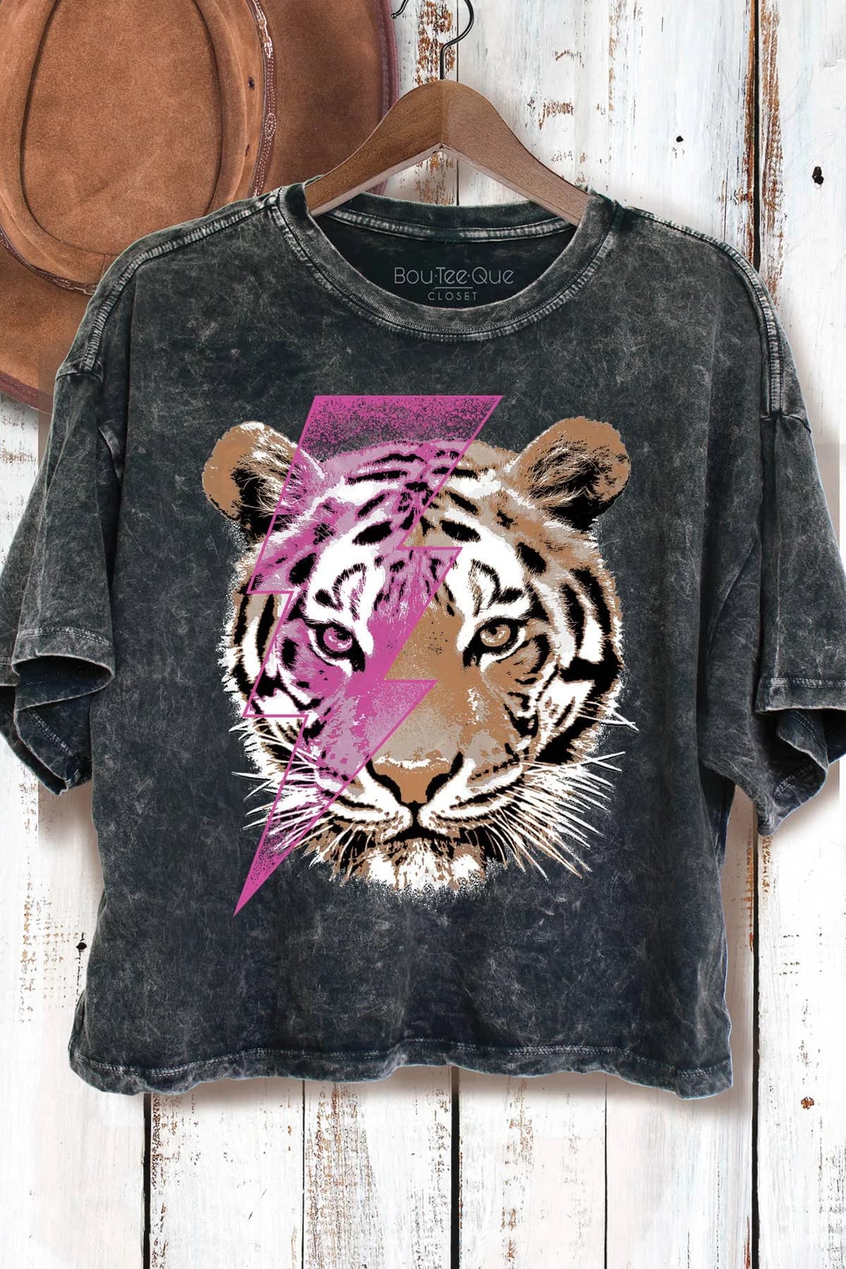 Mineral Washed Crop Top Tiger Face Light Bolt BouTeeQue Closet