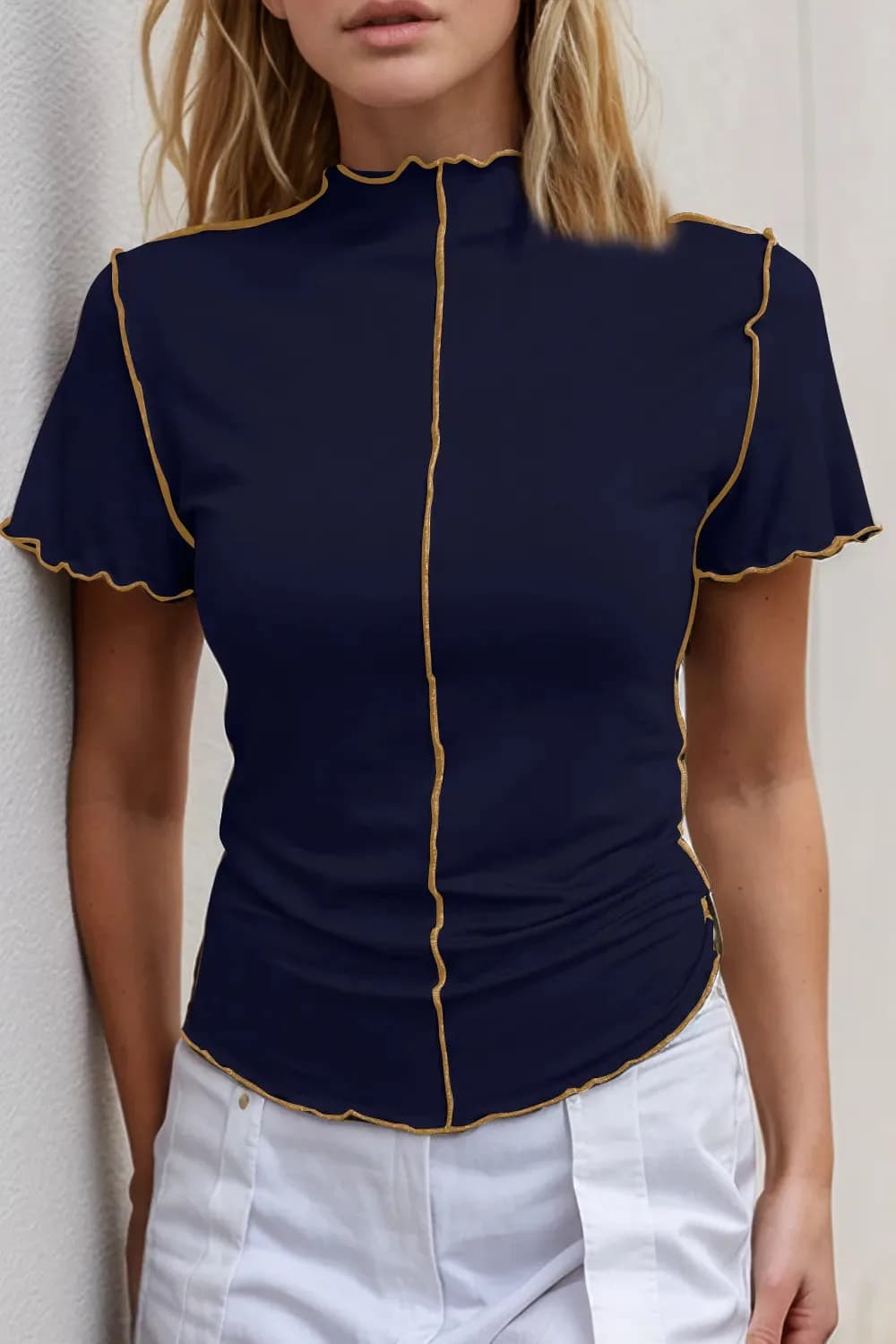 Basic Bae Contrast Trim Mock Neck Short Sleeve T-Shirt in Multiple Colors