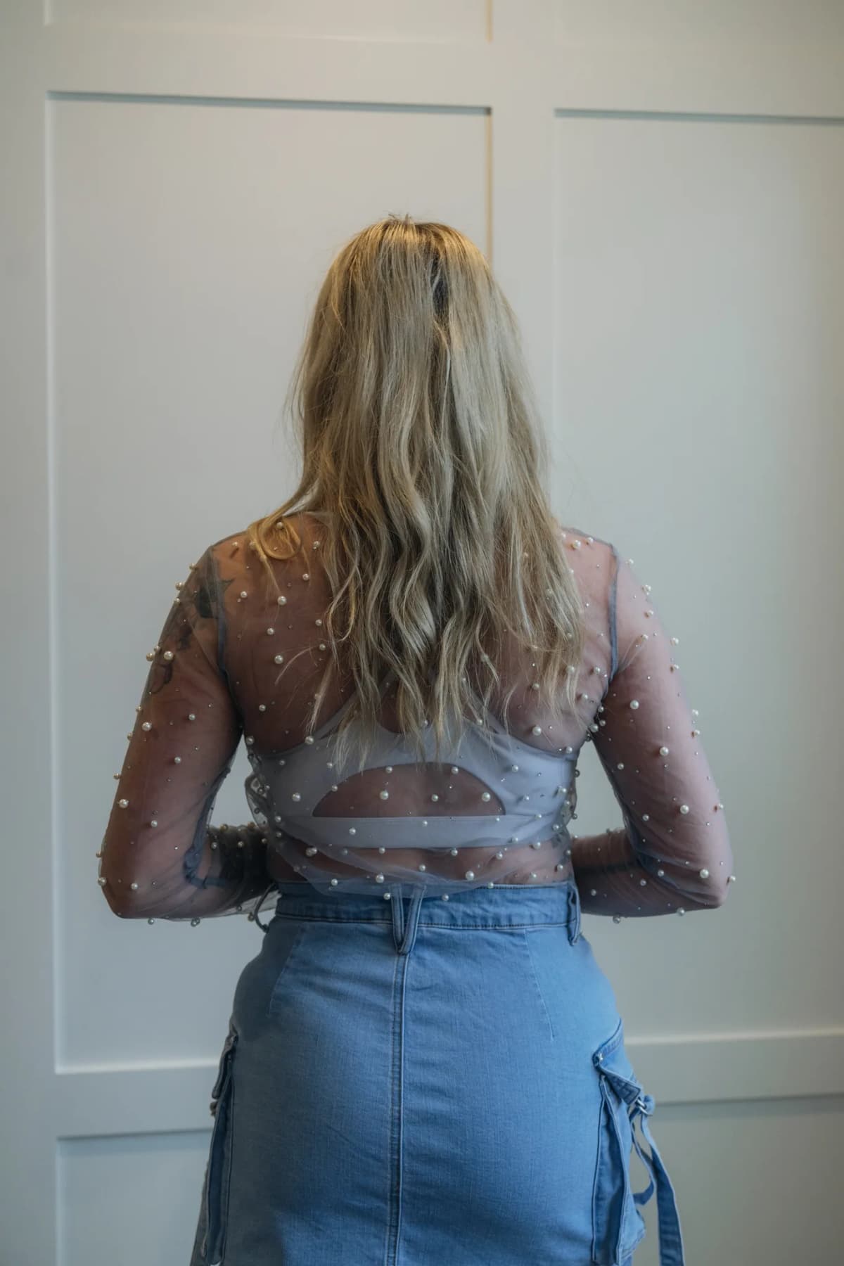 Pearl Trim Sheer Mesh Crop Top