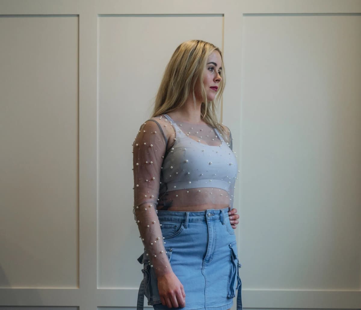 Pearl Trim Sheer Mesh Crop Top