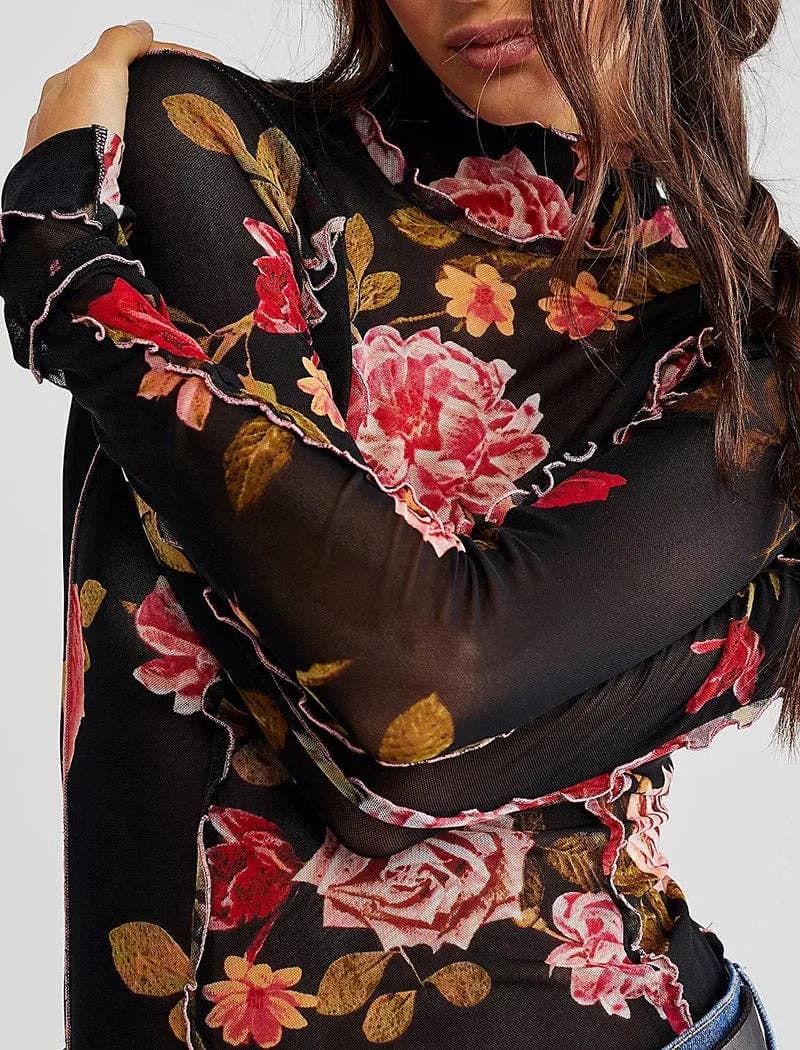 Floral Ruffle Trim Long Sleeve Top