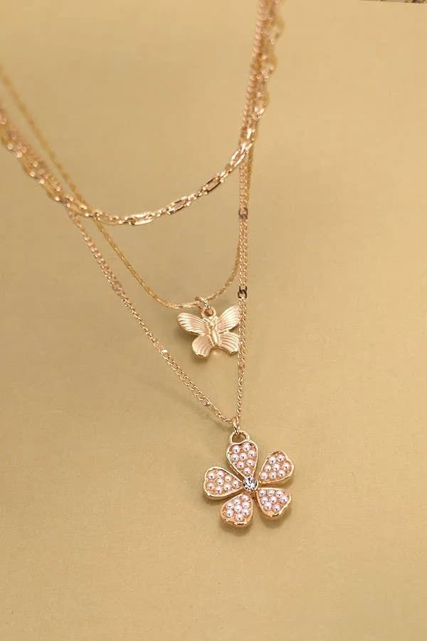 Trio Layered Butterfly Flower Charm Necklace