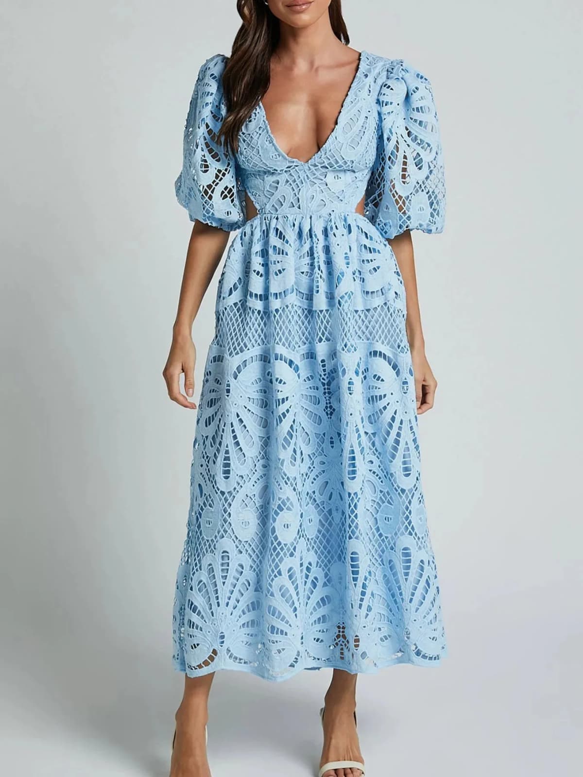 Cutout Back Lace Crochet V-Neck Dress Multiple Colors