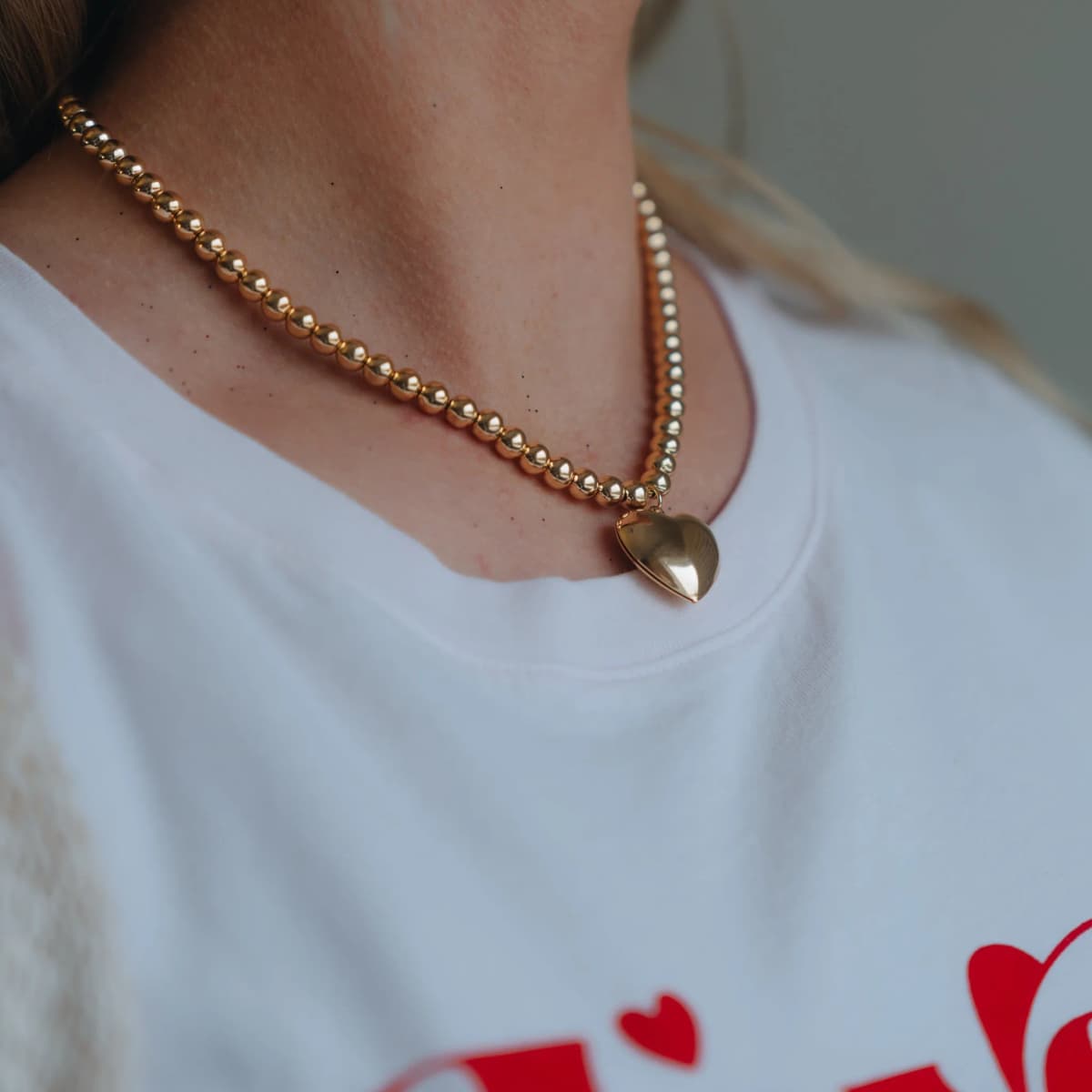 18k Gold Filled 6mm Bead Necklace with A Puffy Heart Charm Milie Jewels