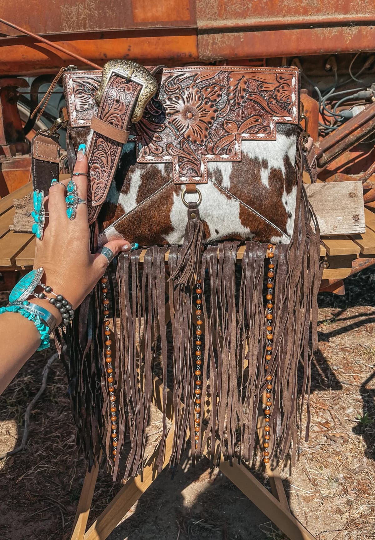 The Lancaster Cowhide Leather Tooled Fringe Purse by Haute Southern Hyde