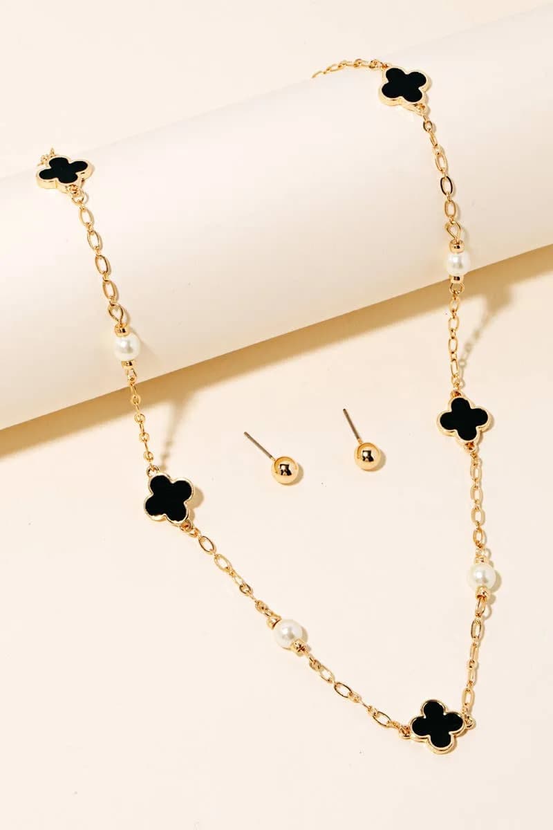 Clover and Pearl Station Charms Chain Necklace Set Anarchy Street (Black)