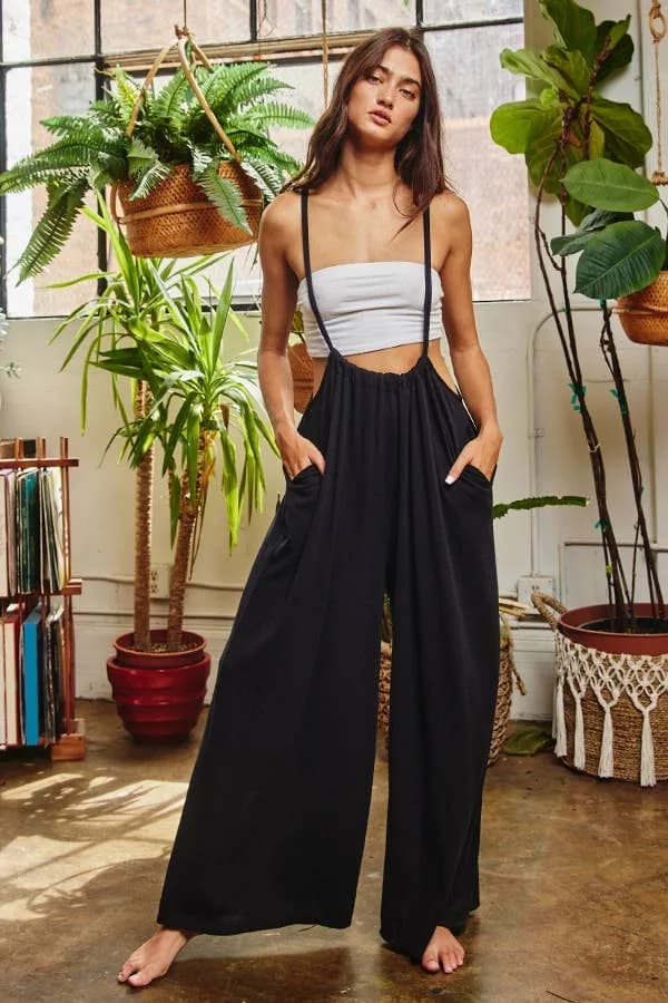Wide Leg Solid Textured Knit Jumpsuit Pants Bucketlist