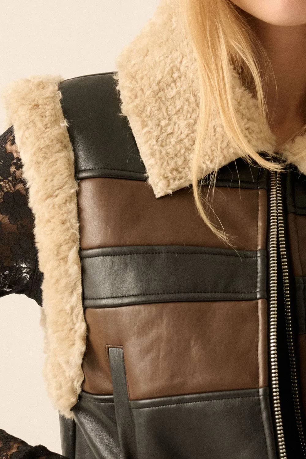 Faux Leather and Sherpa Fleece Colorblock Vest