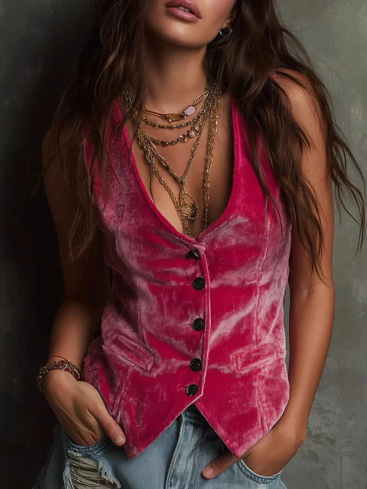 Velvet Button-Down Vest Coat