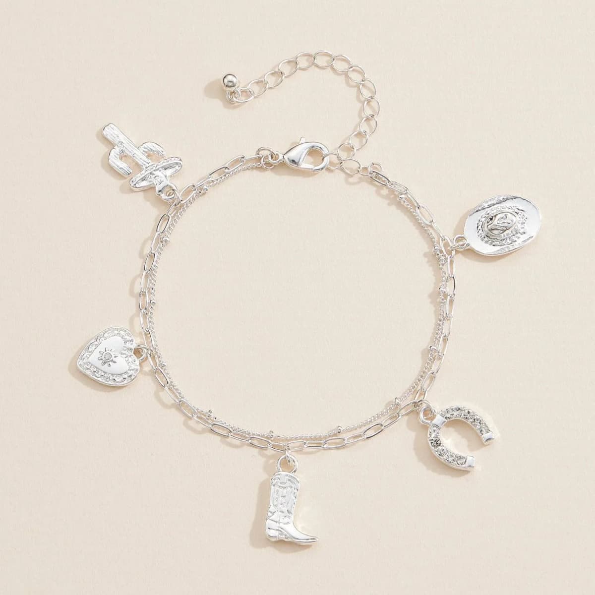 Silver Western Charm Bracelet Cowboy Boot, Hat, Horseshoe, Cactus and Heart Charms