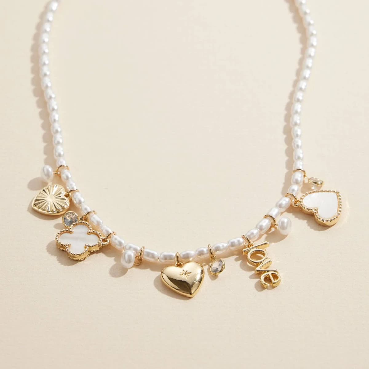 Pearl Charm Necklace with Gold Silver Accents Love Heart Pendant Jewelry (Gold)