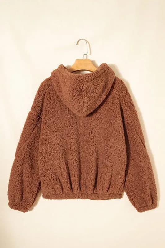 Solid Sherpa Fleece Zip Up Hooded Jacket
