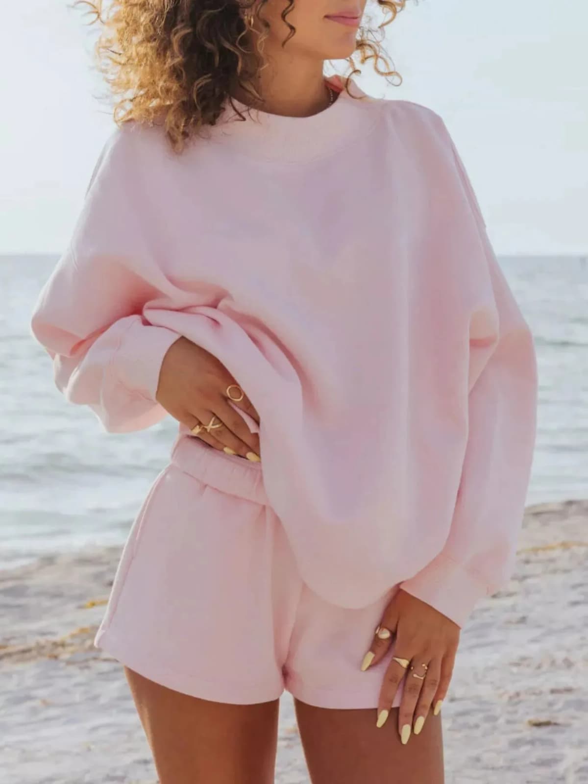Relaxed Fit Round Neck Sweatshirt and Shorts Set Multiple Colors