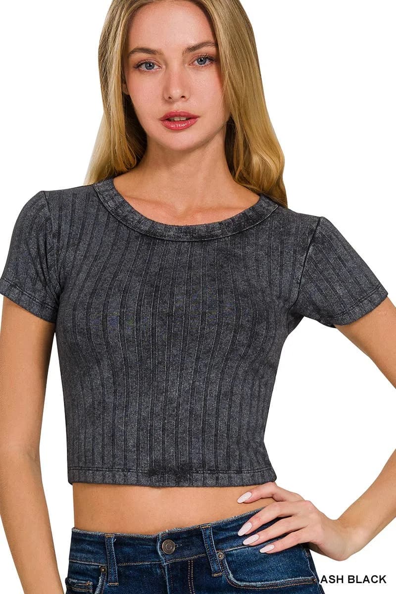 Ribbed Short Sleeve Buttery Soft Crop Top Zenana (Ash Black)