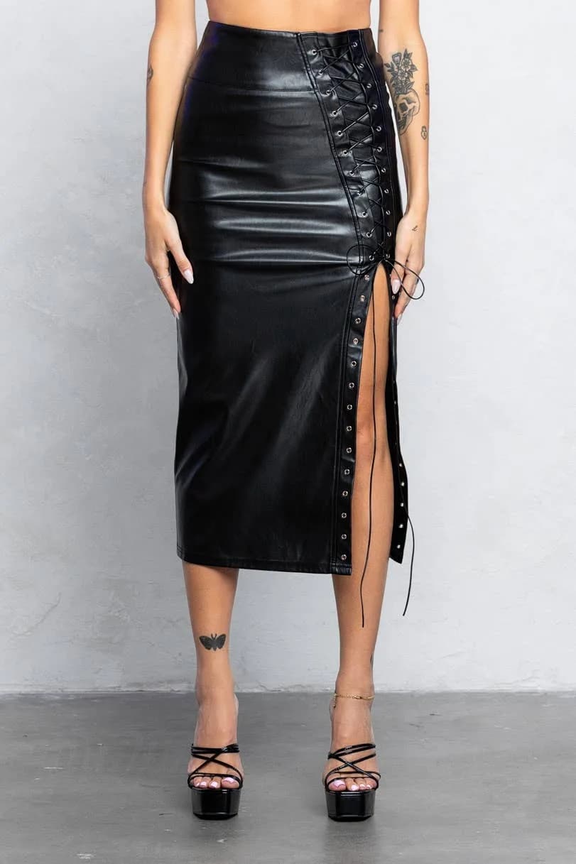 Black Pleather Midi Skirt with Lace Up Detail