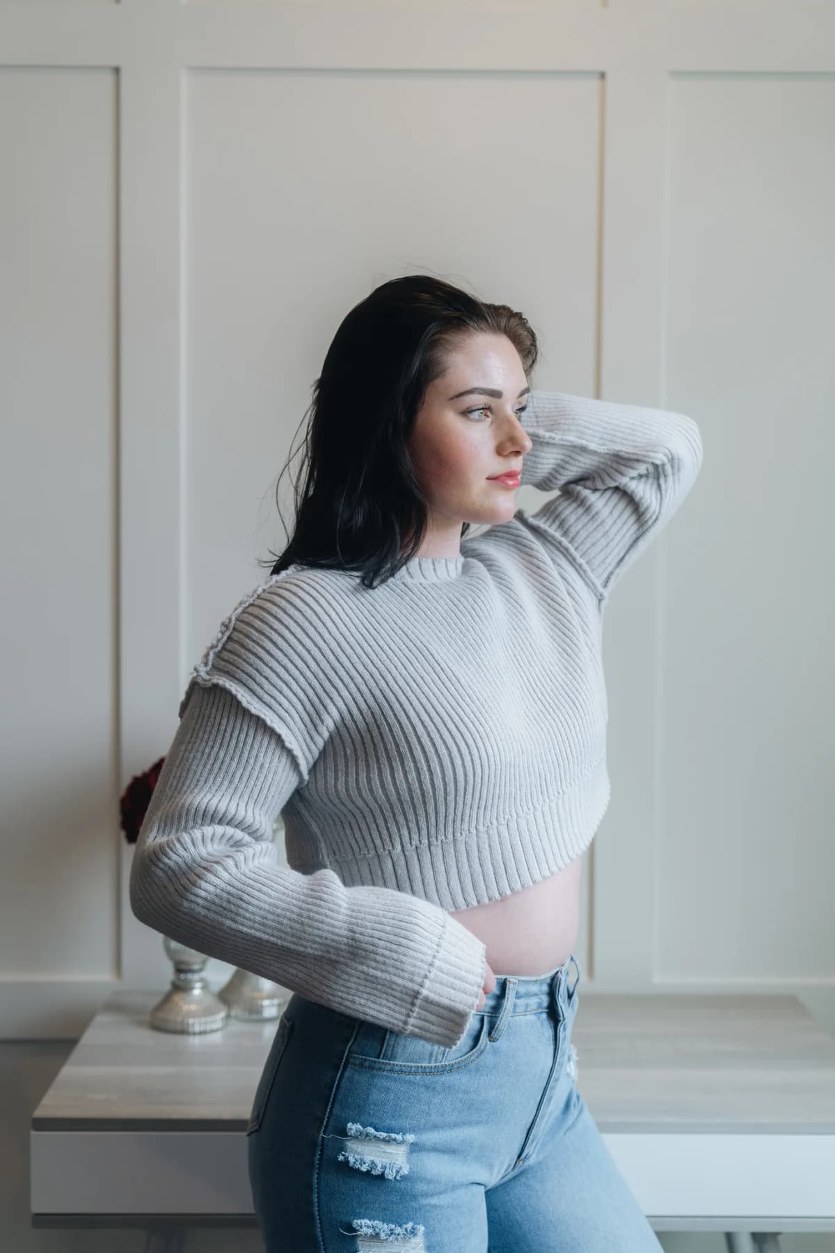 Long Sleeve Crop Top Sweater Gray