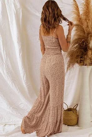 Thin Straps Smocked Bodice Wide Leg Floral Jumpsuit