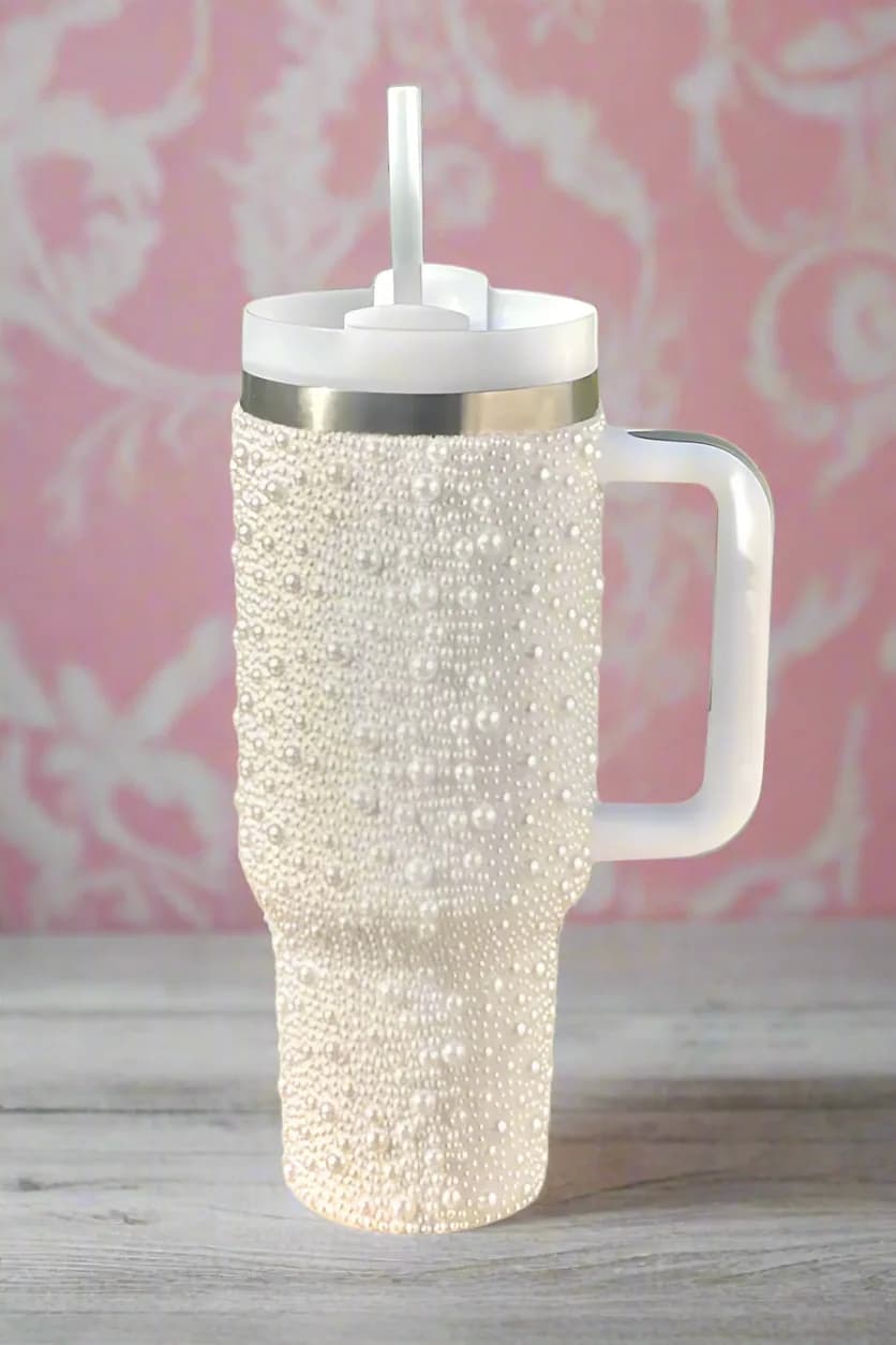 40 oz White Pearl Studded Tumbler