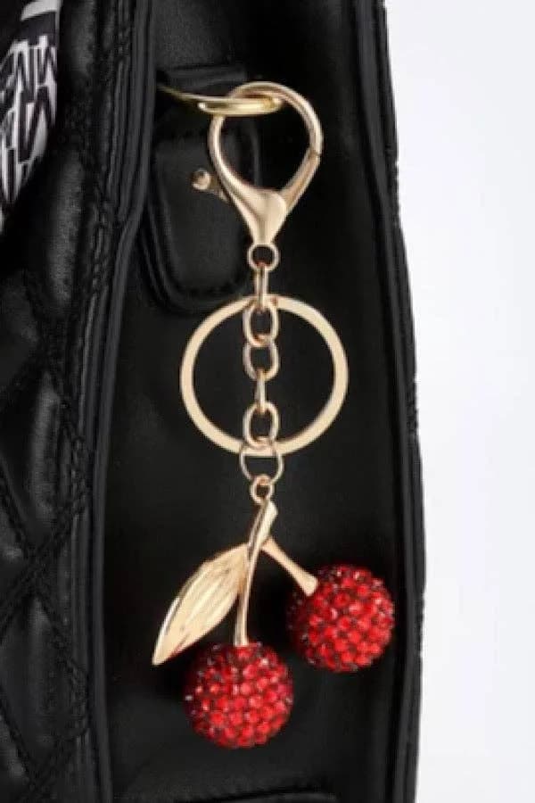 Red Cherry with Gold Leaf Purse Charm Key Chain