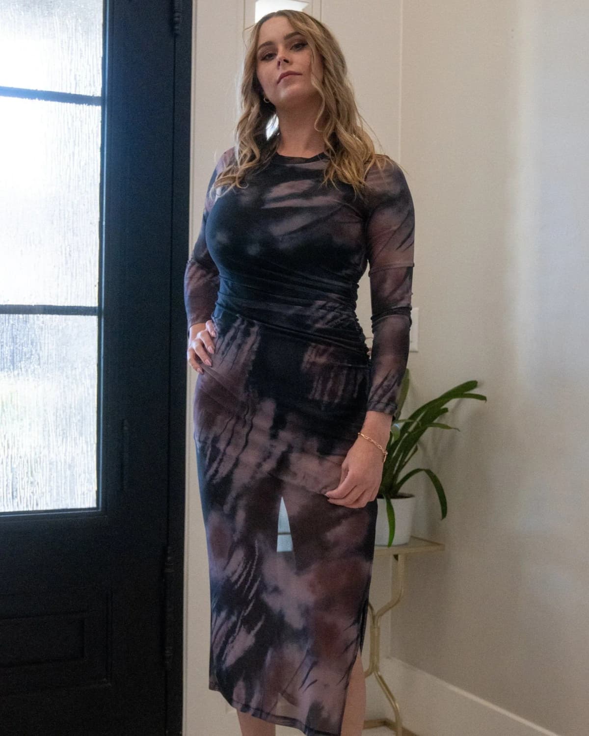 Tie Dye Black Mesh Ruched Split Maxi Dress