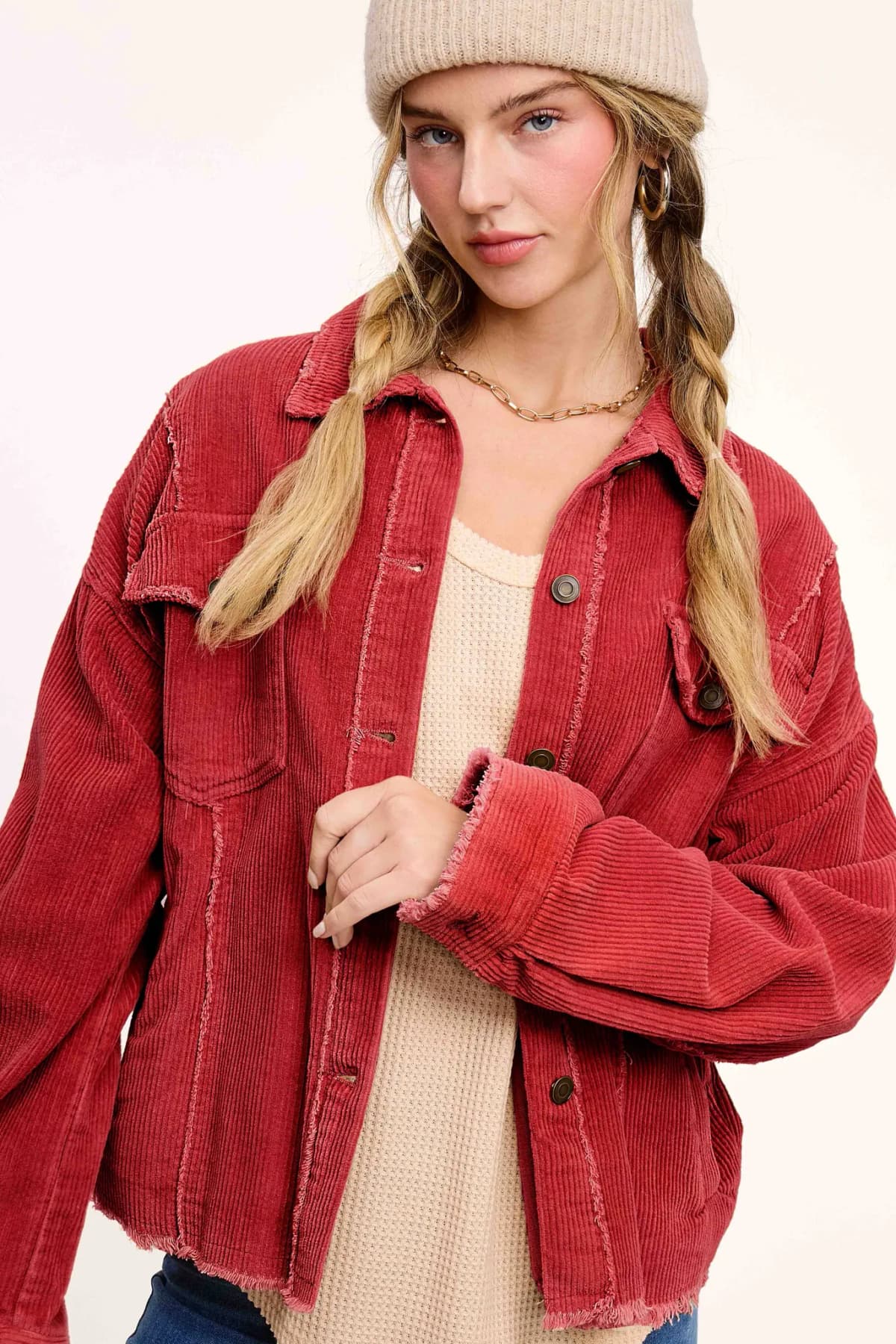 Washed Corduroy Oversized Button Down Jacket (Terracotta)