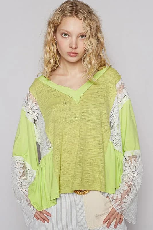 POL Lace Detail V-neck Flare Sleeve Blouse