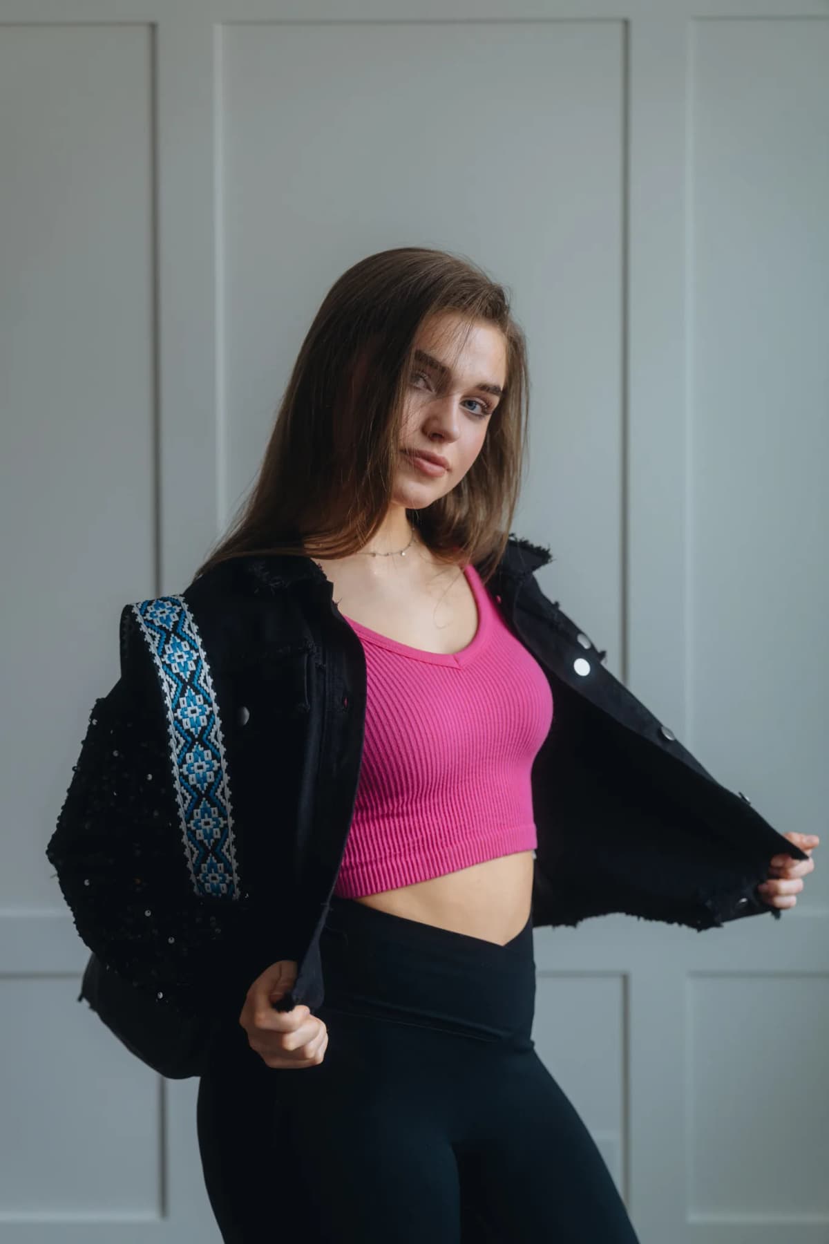 Sequin Sleeve Pocketed Raw Hem Denim Jacket