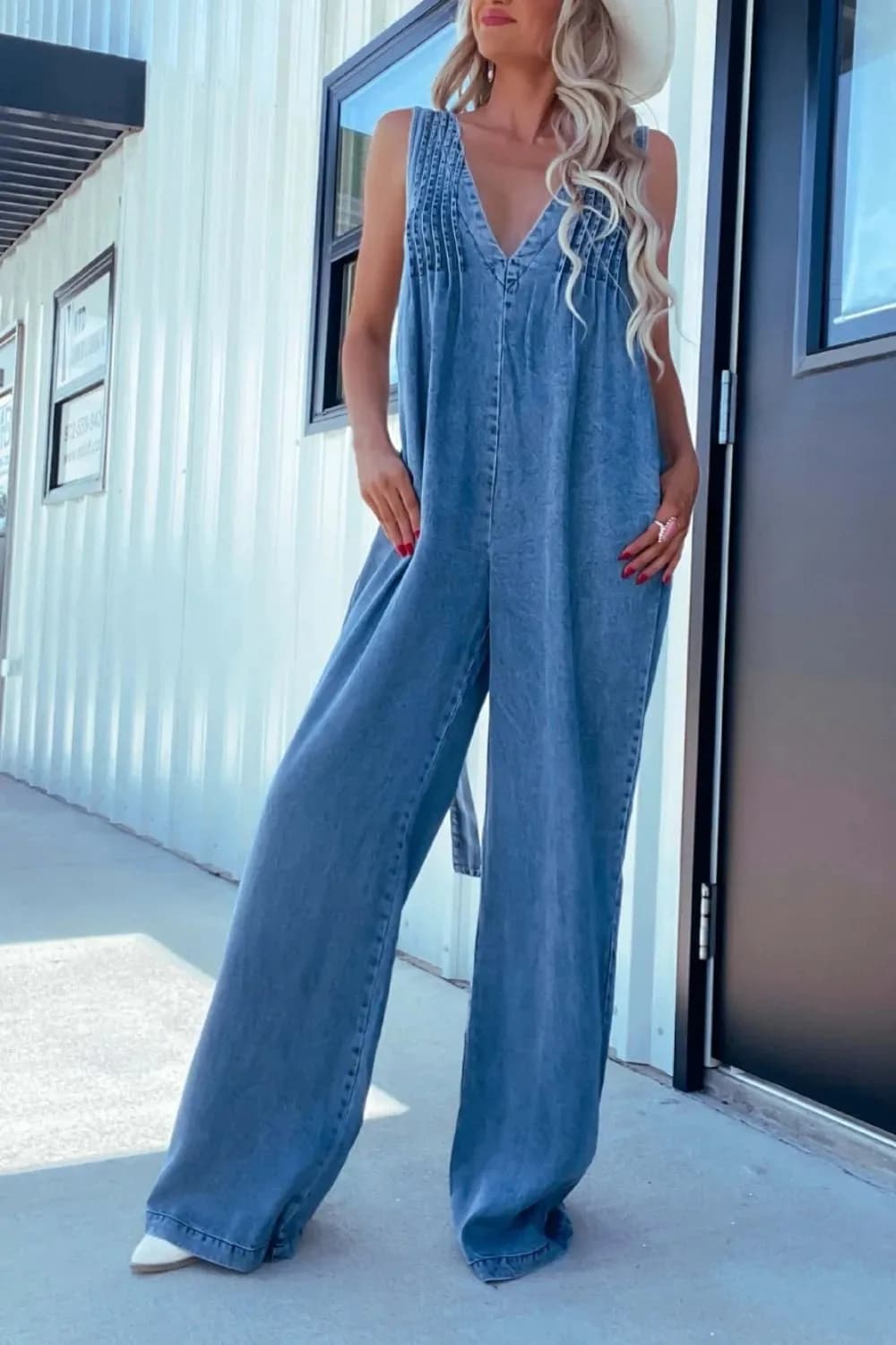 V-Neck Wide Leg Denim Jumpsuit in Khaki and Medium Wash