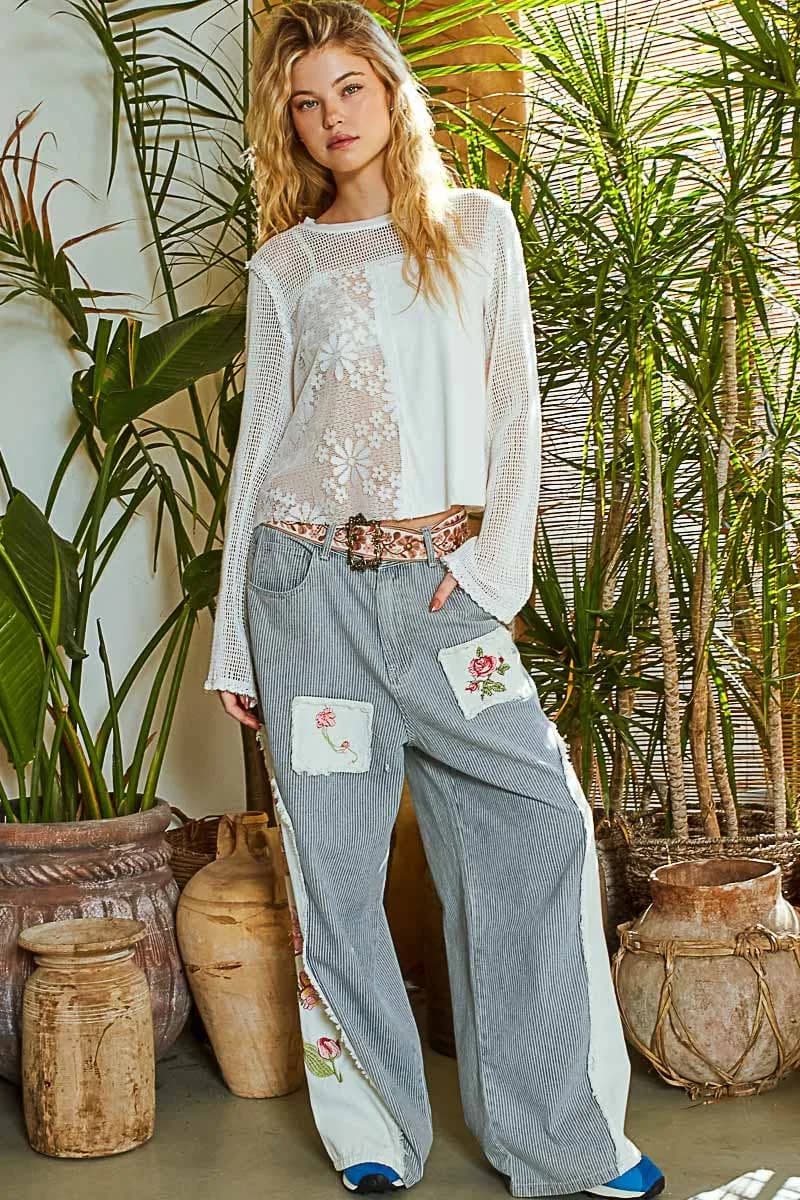 Round Neck Long Sleeve Lace Crochet Contrast Top