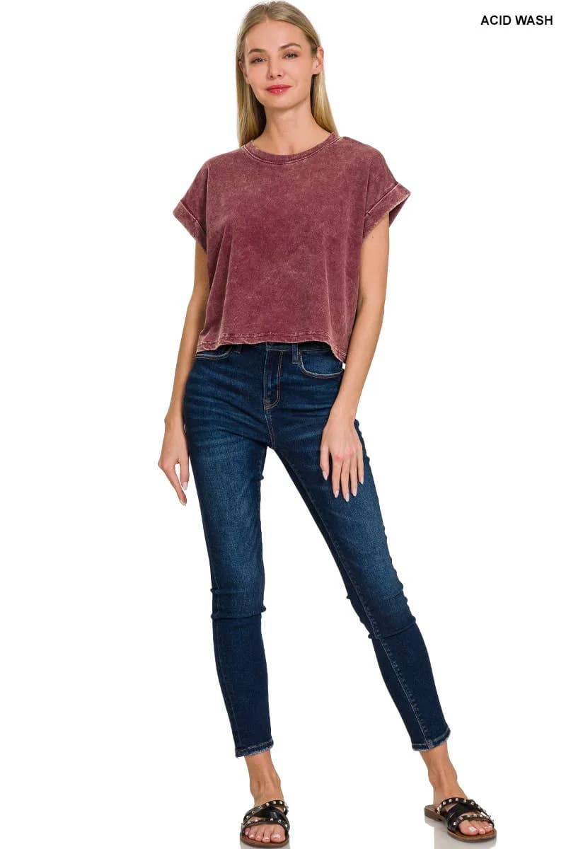 Acid Wash Cotton Folded Sleeve Top Zenana