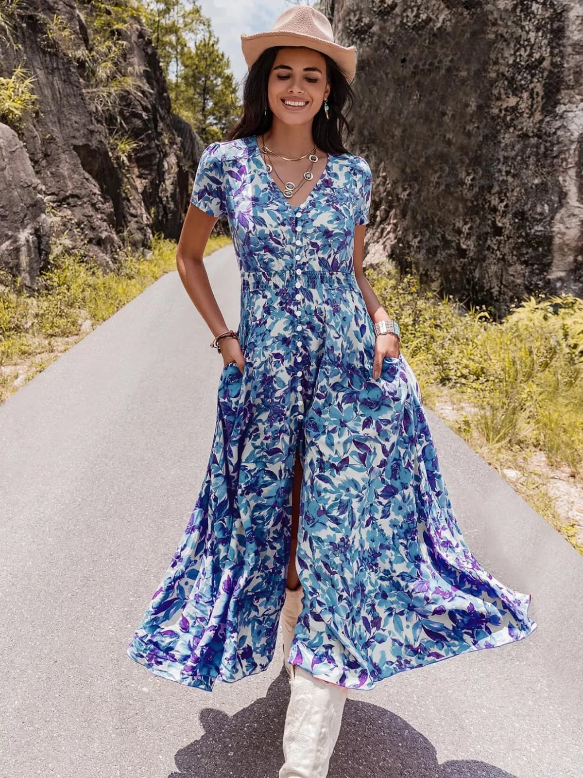 Floral Print V-Neck Slit Midi Dress